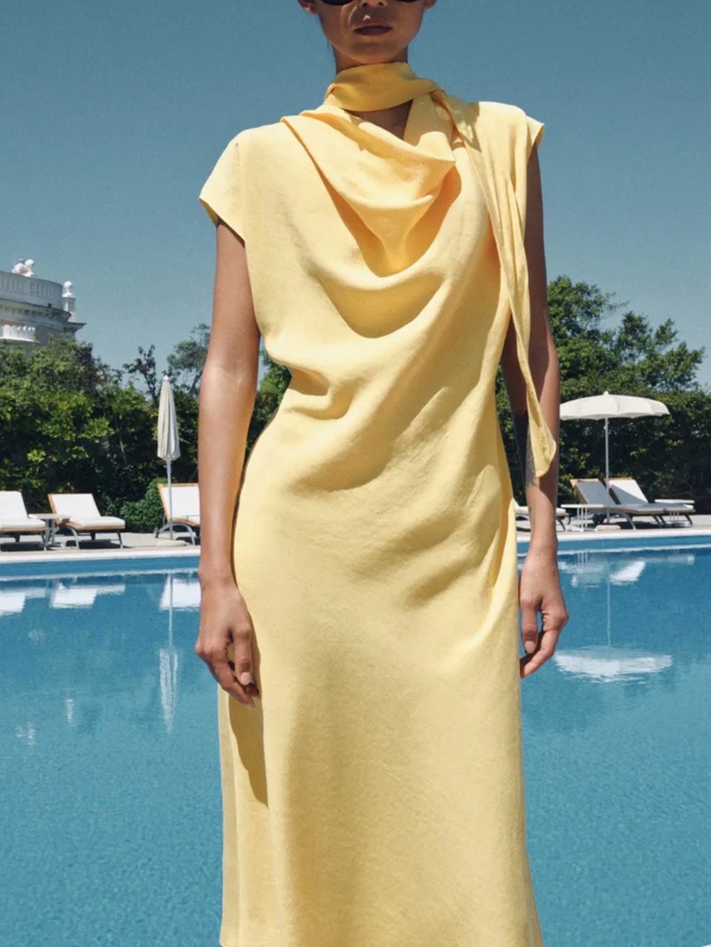 Zara Soft Yellow Draped Midi Dress